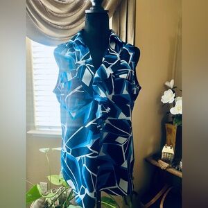 New York & Company Navy and Light Blue Patterned Top